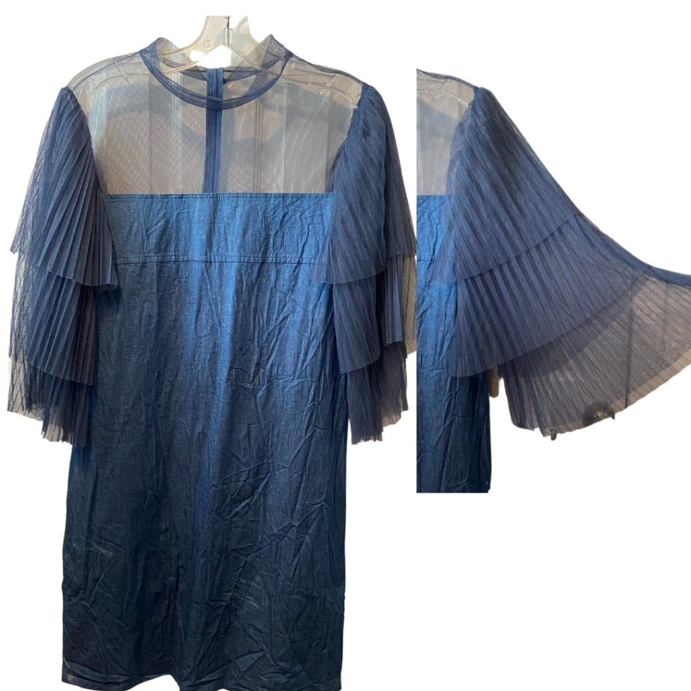 CQ by CQ denim tunic dress with tiered gauzy exaggerated sleeves sz Large, XL